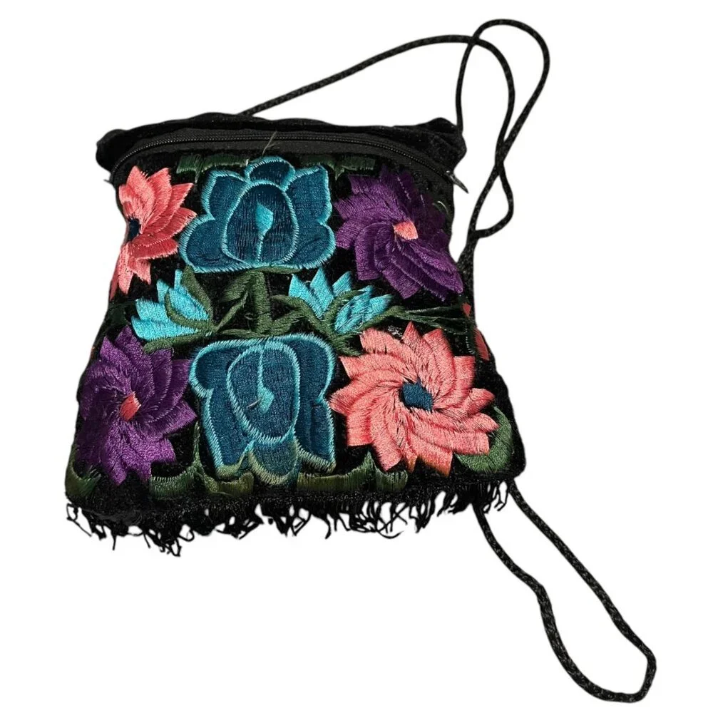 Floral Flower Embroidered Fringe Purse‎ Black Bright Colorful Flowers Casual